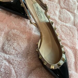 Valentino Garavani Black Patent Pointed Slingbacks with Gold Stud Trim